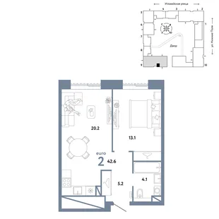Планировка 2-комн. квартира, 42.6 м² ЖК «Страна.Заречная»