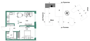 Планировка 2-комн. квартира, 38.54 м² ЖК «Остров-сад»