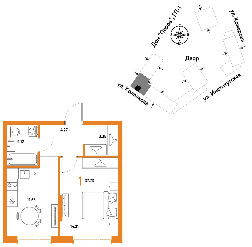 Планировка 1-комн. квартира, 37.73 м² ЖК «Страна.Парковая»