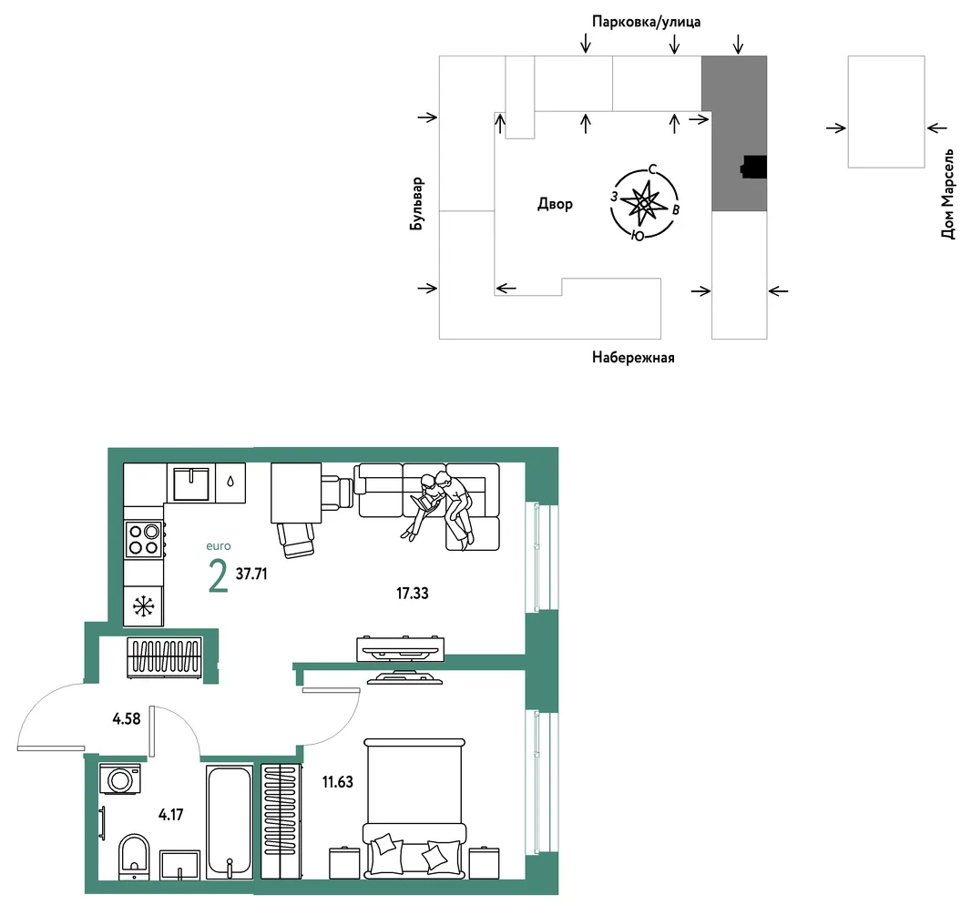 Планировка 2-комн. квартира, 37.71 м² ЖК «Европейский берег 2.0»