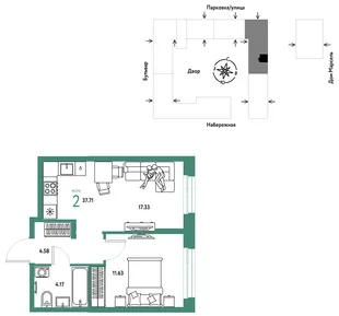 Планировка 2-комн. квартира, 37.71 м² ЖК «Европейский берег 2.0»