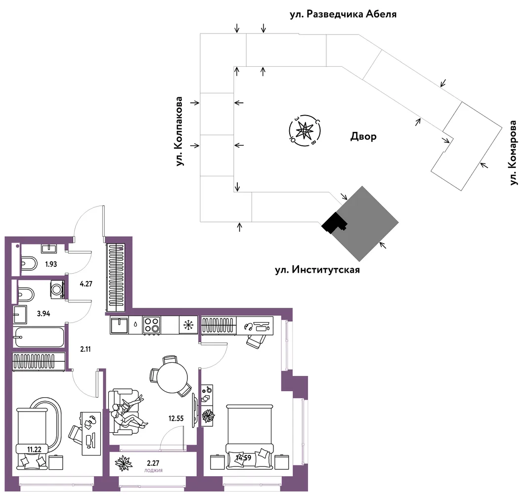 Планировка 3-комн. квартира, 52.88 м² ЖК «Страна.Парковая»