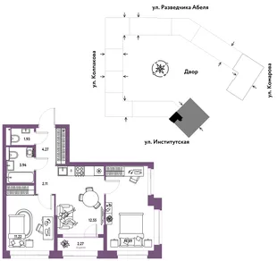 Планировка 3-комн. квартира, 52.88 м² ЖК «Страна.Парковая»