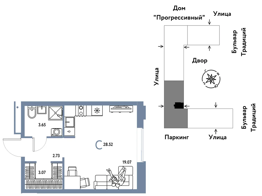 Планировка Студия, 28.52 м² ЖК «Микрорайон Домашний»