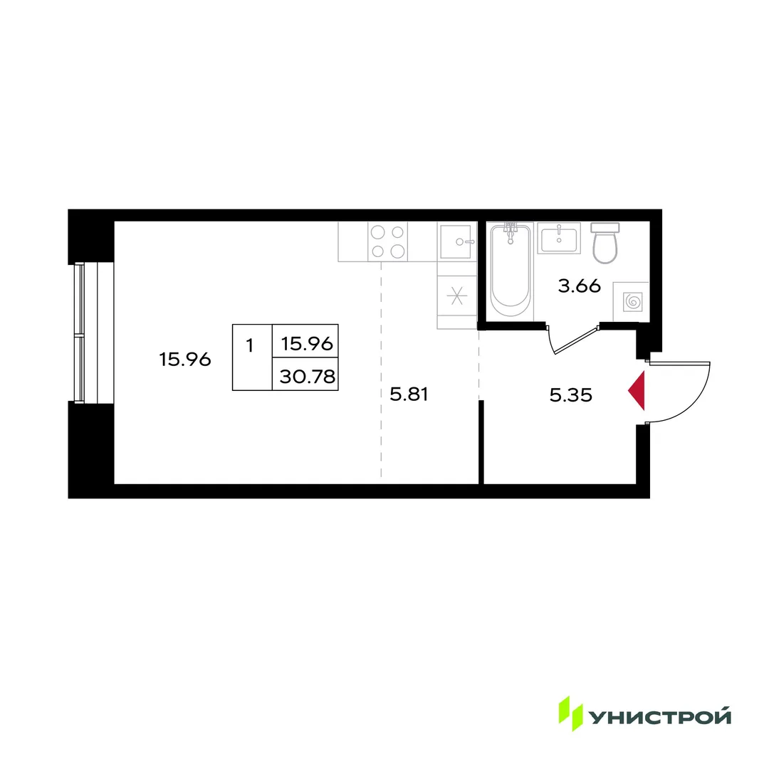 Планировка 1-комн. квартира, 30.78 м² ЖК «Уникум на Энгельса»