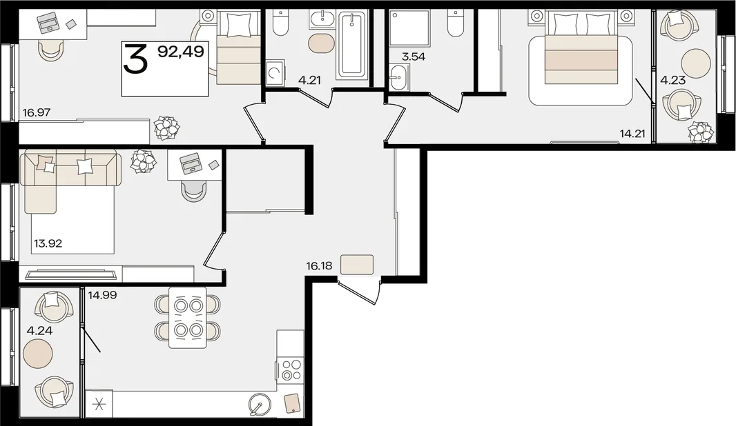 Планировка 3-комн. квартира, 92.27 м² ЖК «Патрики»