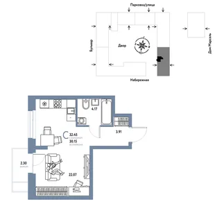 Планировка Студия, 32.45 м² ЖК «Европейский берег 2.0»