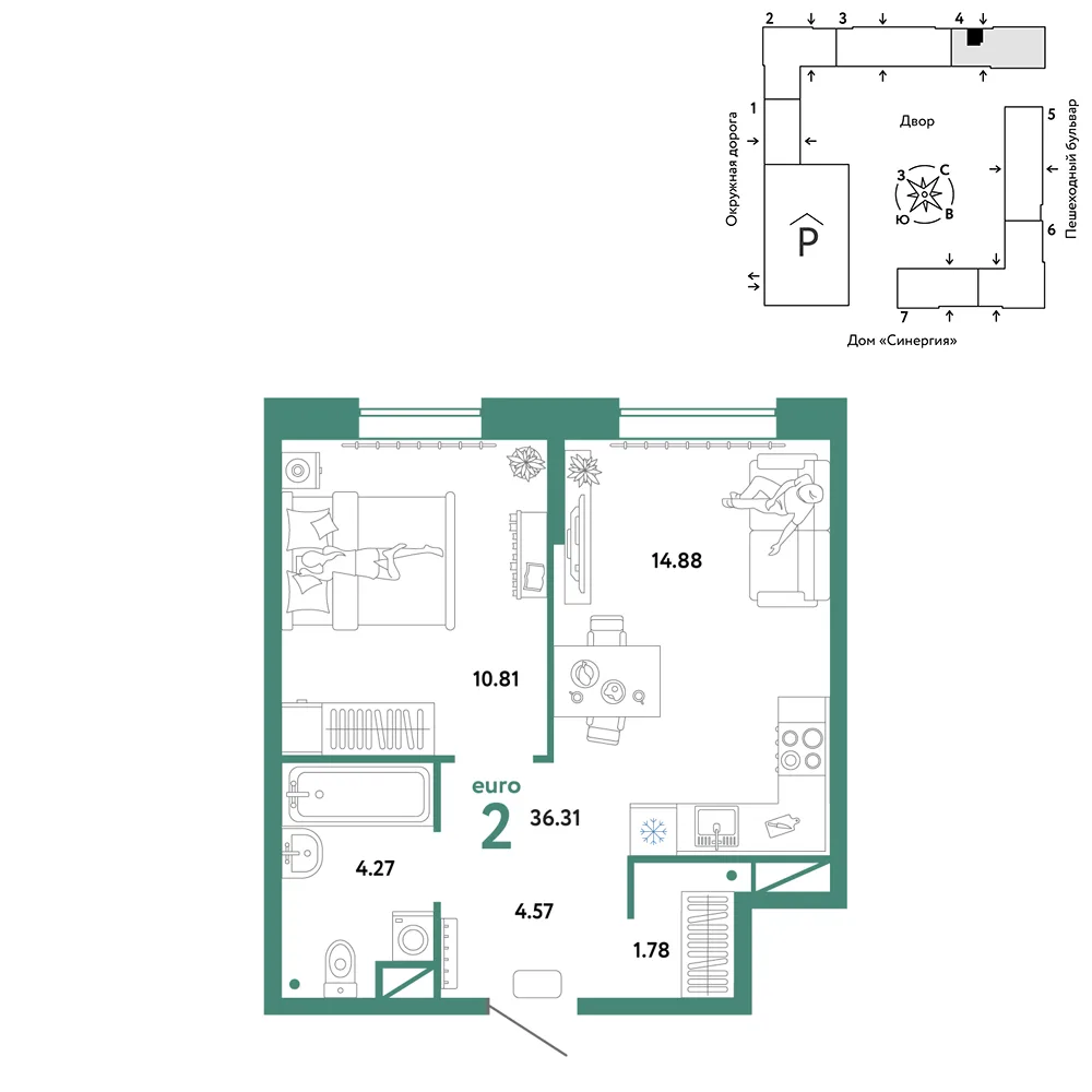 Планировка 2-комн. квартира, 36.31 м² ЖК «Юнион»
