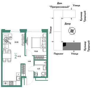 Планировка 2-комн. квартира, 41.12 м² ЖК «Микрорайон Домашний»