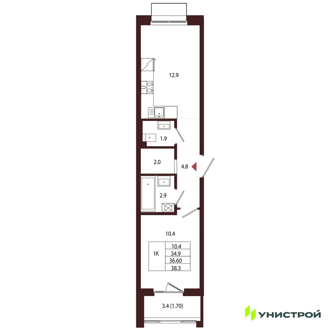 Планировка 1-комн. квартира, 36.6 м² ЖК «Лисино»