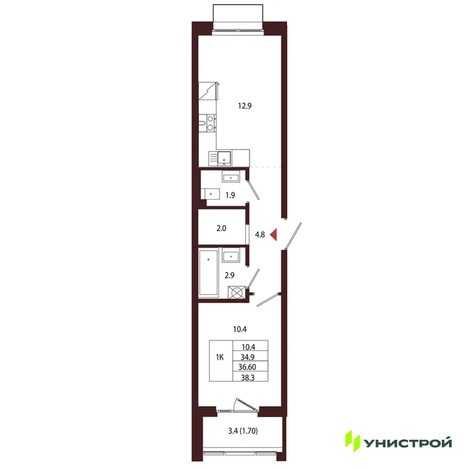 Планировка 1-комн. квартира, 36.6 м² ЖК «Лисино» Планировка 1-комн. квартира, 36.6 м² ЖК «Лисино»