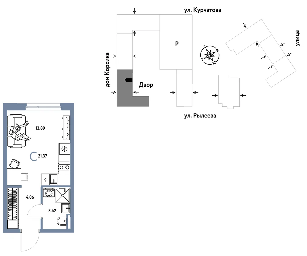 Планировка Студия, 21.37 м² ЖК «Остров-сад»
