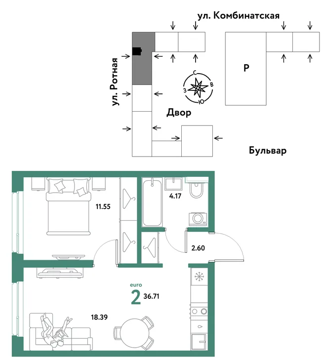 Планировка 2-комн. квартира, 36.71 м² ЖК «Уральский сад» Планировка 2-комн. квартира, 36.71 м² ЖК «Уральский сад»