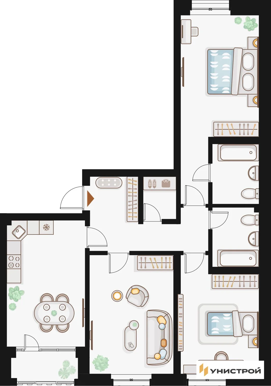Планировка 3-комн. квартира, 92.77 м² ЖК «Жилой кластер Q на Кулагина»