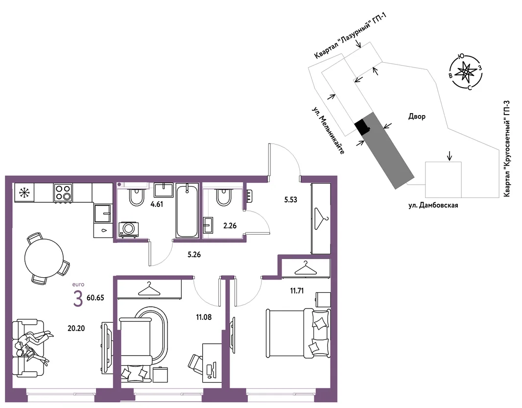 Планировка 3-комн. квартира, 60.65 м² ЖК «Страна Прибрежная»