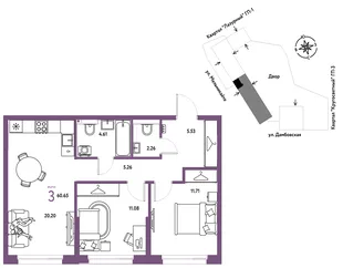 Планировка 3-комн. квартира, 60.65 м² ЖК «Страна Прибрежная»