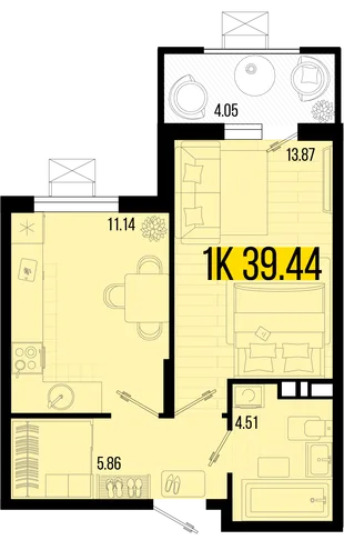 Планировка 1-комн. квартира, 37.41 м² ЖК «Цветной бульвар»