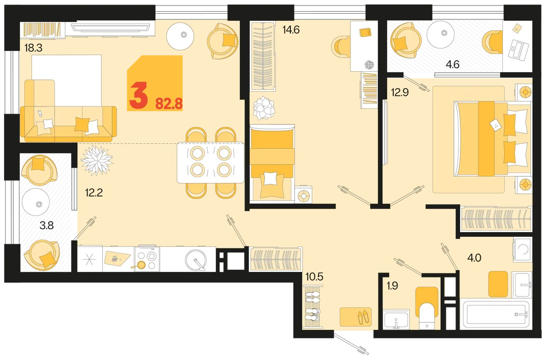 Планировка 3-комн. квартира, 82.8 м² ЖК «Первое место»