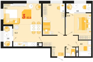 Планировка 3-комн. квартира, 82.8 м² ЖК «Первое место»