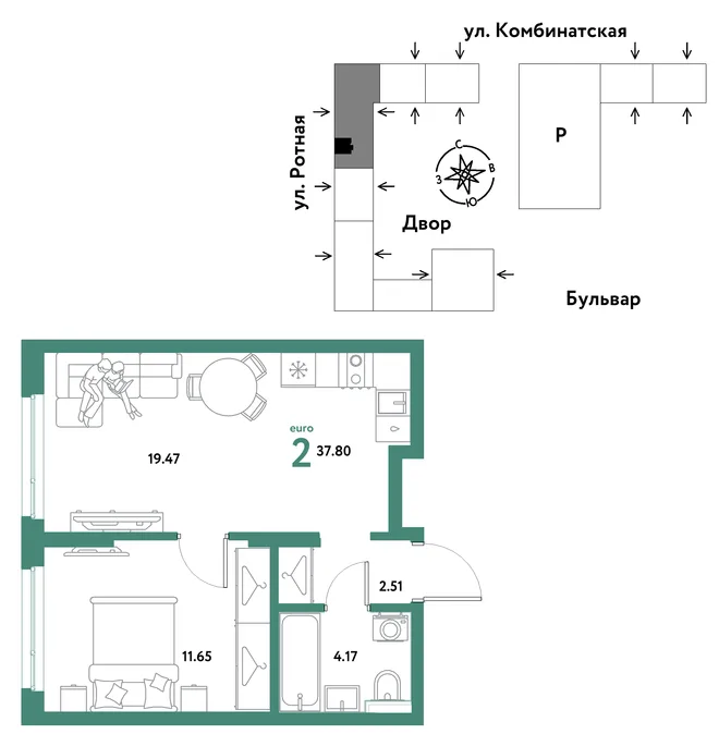 Планировка 2-комн. квартира, 37.8 м² ЖК «Уральский сад» Планировка 2-комн. квартира, 37.8 м² ЖК «Уральский сад»