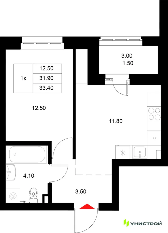 Планировка 1-комн. квартира, 33.4 м² ЖК «Уникод на Технической» Планировка 1-комн. квартира, 33.4 м² ЖК «Уникод на Технической»