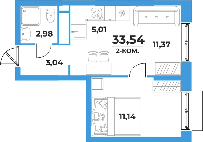 Планировка 2-комн. квартира, 33.54 м² ЖК «На семи холмах» Планировка 2-комн. квартира, 33.54 м² ЖК «На семи холмах»
