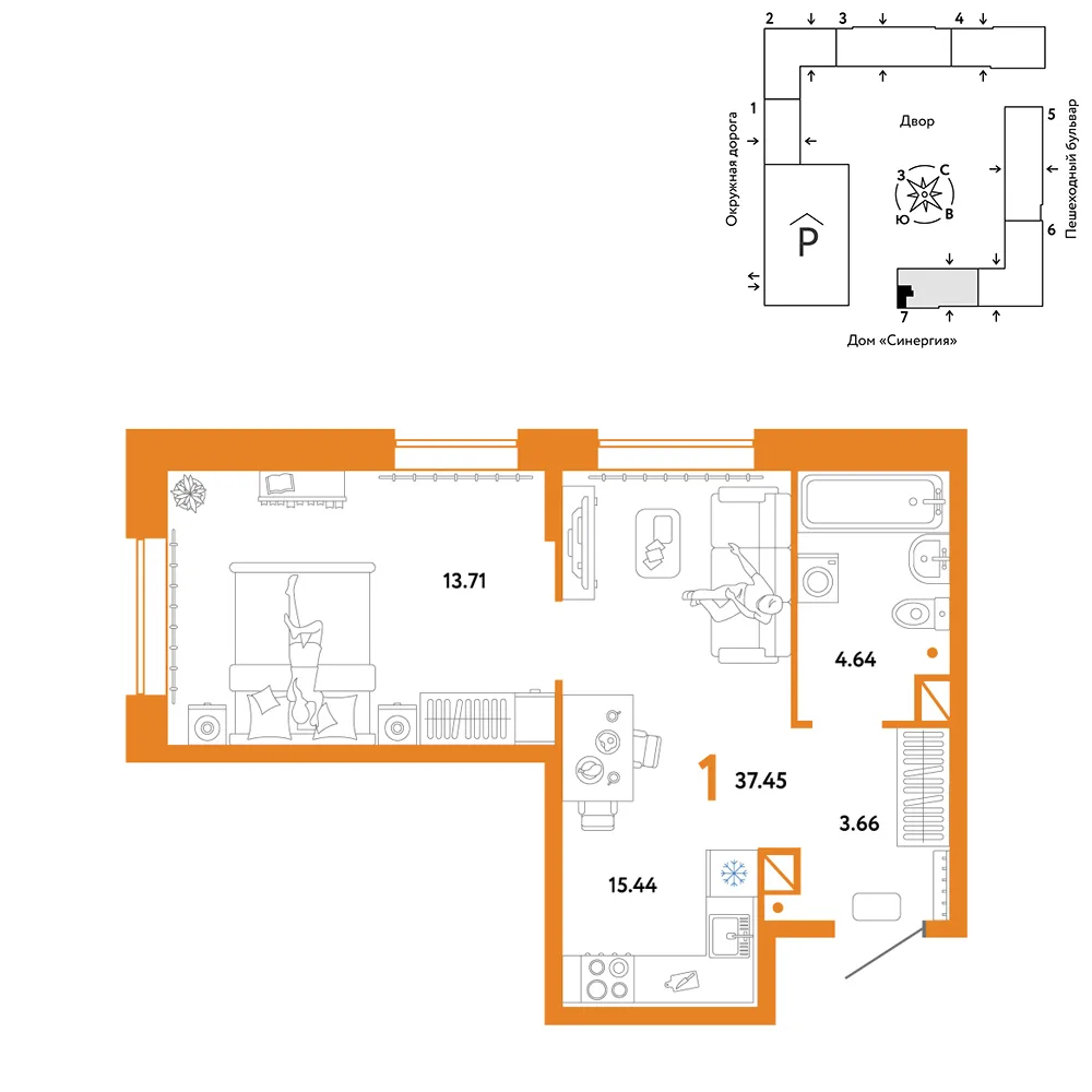 Планировка 1-комн. квартира, 37.45 м² ЖК «Юнион»