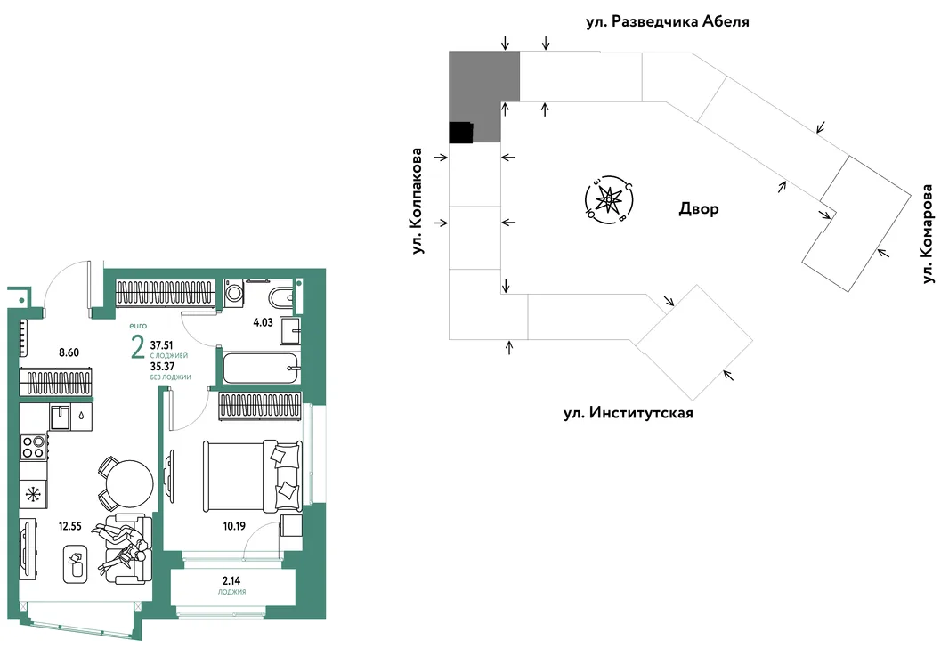 Планировка 2-комн. квартира, 37.51 м² ЖК «Страна.Парковая»