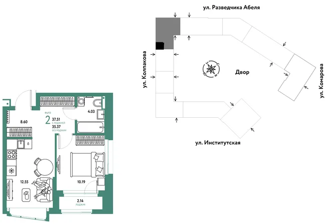 Планировка 2-комн. квартира, 37.51 м² ЖК «Страна.Парковая» Планировка 2-комн. квартира, 37.51 м² ЖК «Страна.Парковая»