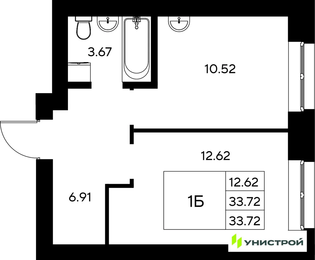 Планировка 1-комн. квартира, 33.72 м² ЖК «Царёво City»