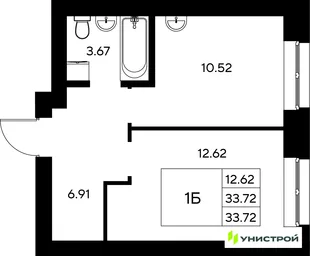 Планировка 1-комн. квартира, 33.72 м² ЖК «Царёво City»