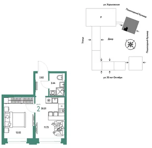 Планировка 2-комн. квартира, 30.01 м² ЖК «Сердце Сибири»