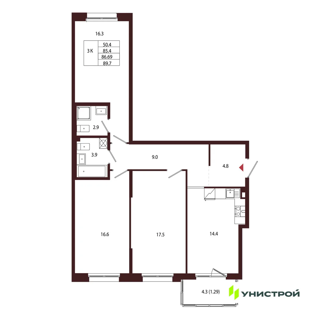 Планировка 3-комн. квартира, 86.69 м² ЖК «Лисино»