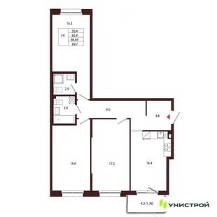 Планировка 3-комн. квартира, 86.69 м² ЖК «Лисино»