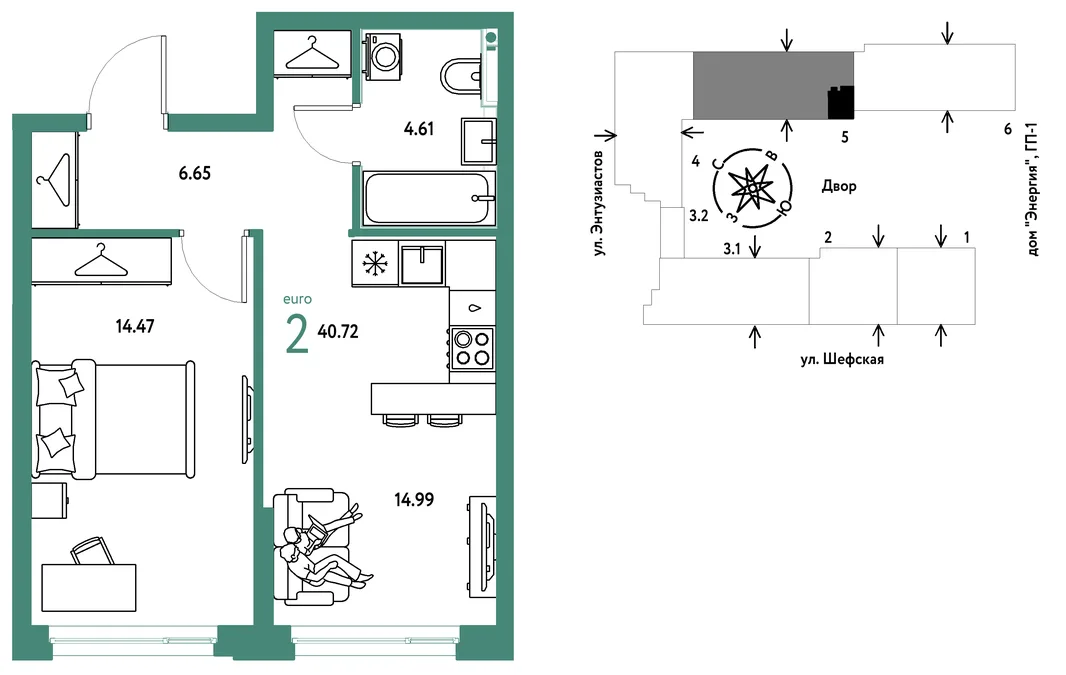 Планировка 2-комн. квартира, 40.72 м² ЖК «Страна.Энтузиастов»