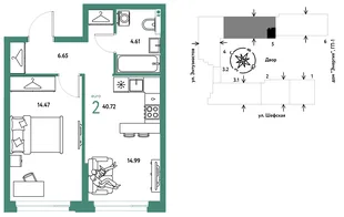 Планировка 2-комн. квартира, 40.72 м² ЖК «Страна.Энтузиастов»