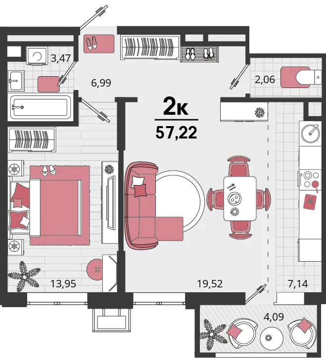 Планировка 2-комн. квартира, 57.22 м² ЖК «Родные просторы»