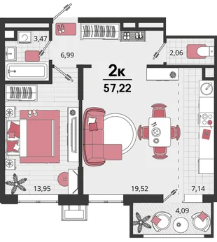 Планировка 2-комн. квартира, 57.22 м² ЖК «Родные просторы»