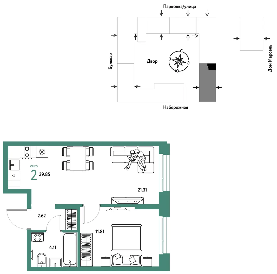 Планировка 2-комн. квартира, 39.85 м² ЖК «Европейский берег 2.0»