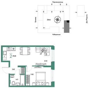 Планировка 2-комн. квартира, 39.85 м² ЖК «Европейский берег 2.0»