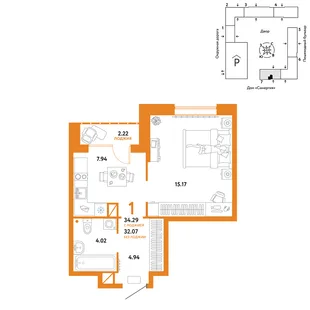 Планировка 1-комн. квартира, 34.29 м² ЖК «Юнион»