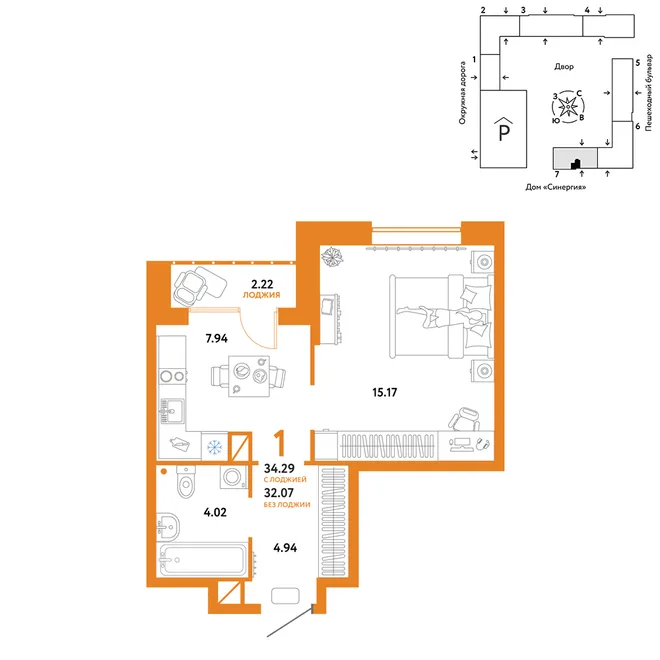 Планировка 1-комн. квартира, 34.29 м² ЖК «Юнион» Планировка 1-комн. квартира, 34.29 м² ЖК «Юнион»