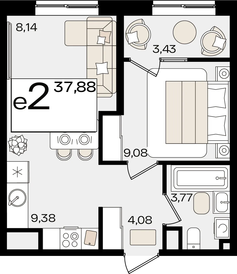 Планировка 2-комн. квартира, 37.88 м² ЖК «Патрики»