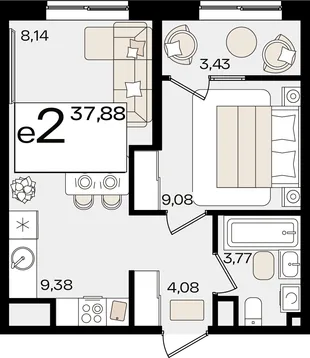 Планировка 2-комн. квартира, 37.88 м² ЖК «Патрики»