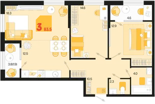 Планировка 3-комн. квартира, 83.5 м² ЖК «Первое место»