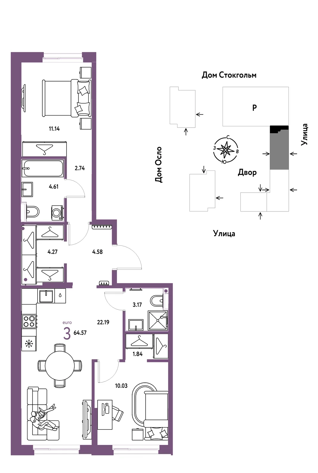 Планировка 3-комн. квартира, 64.57 м² ЖК «Европейский берег 2.0»