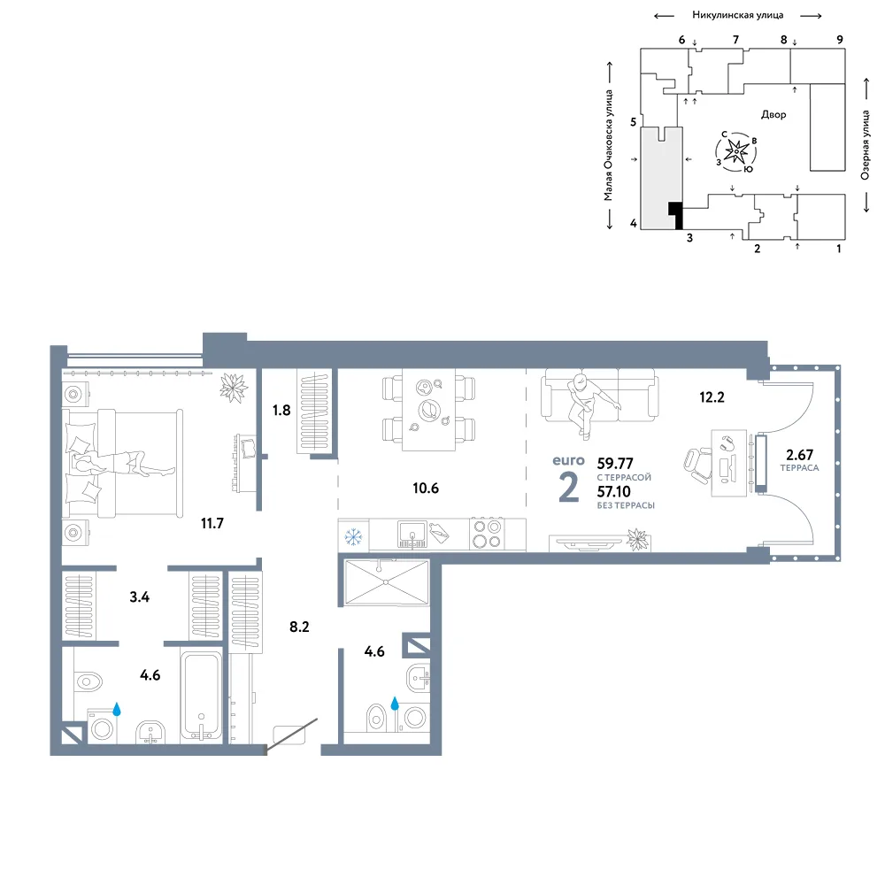 Планировка 2-комн. квартира, 62.77 м² ЖК «Страна.Озёрная»