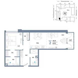 Планировка 2-комн. квартира, 62.77 м² ЖК «Страна.Озёрная»