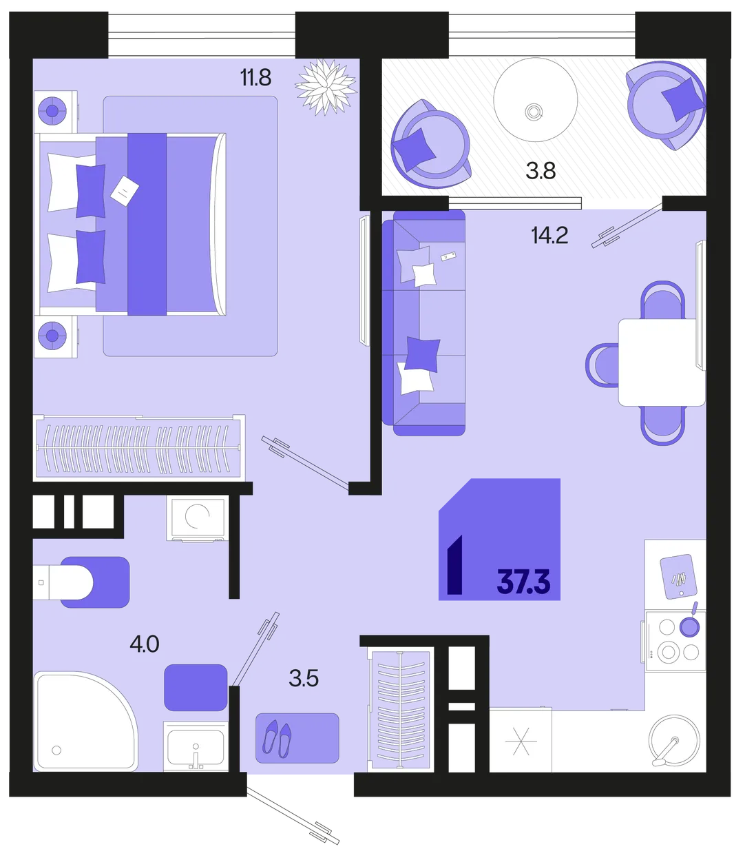 Планировка 1-комн. квартира, 37.3 м² ЖК «Первое место»
