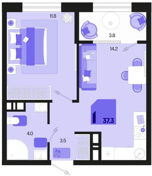 Планировка 1-комн. квартира, 37.3 м² ЖК «Первое место»